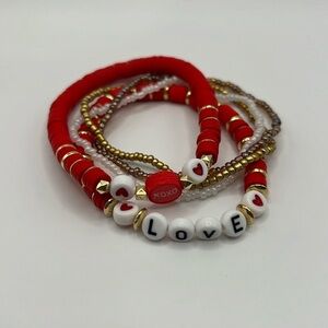 5PC Red and Gold Love Letter Faux Pearl Bracelet Stack